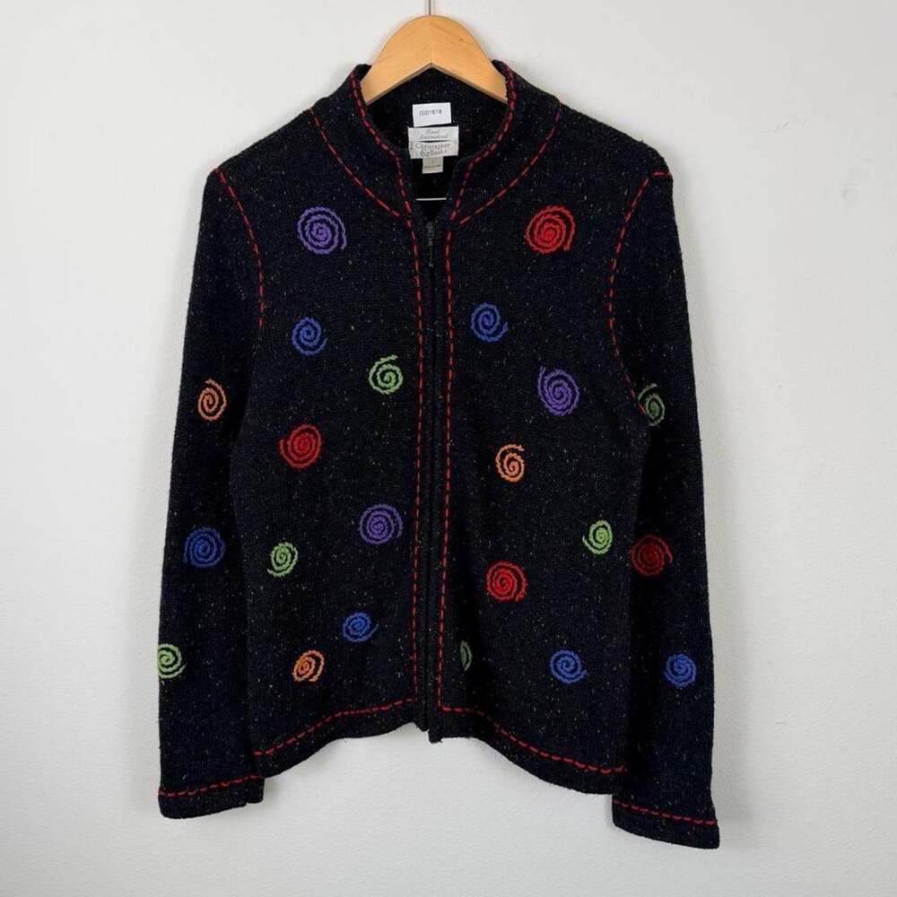 Vintage Zip-Up Cardigan Sweater Colorful Preppy Swirl Embroidered